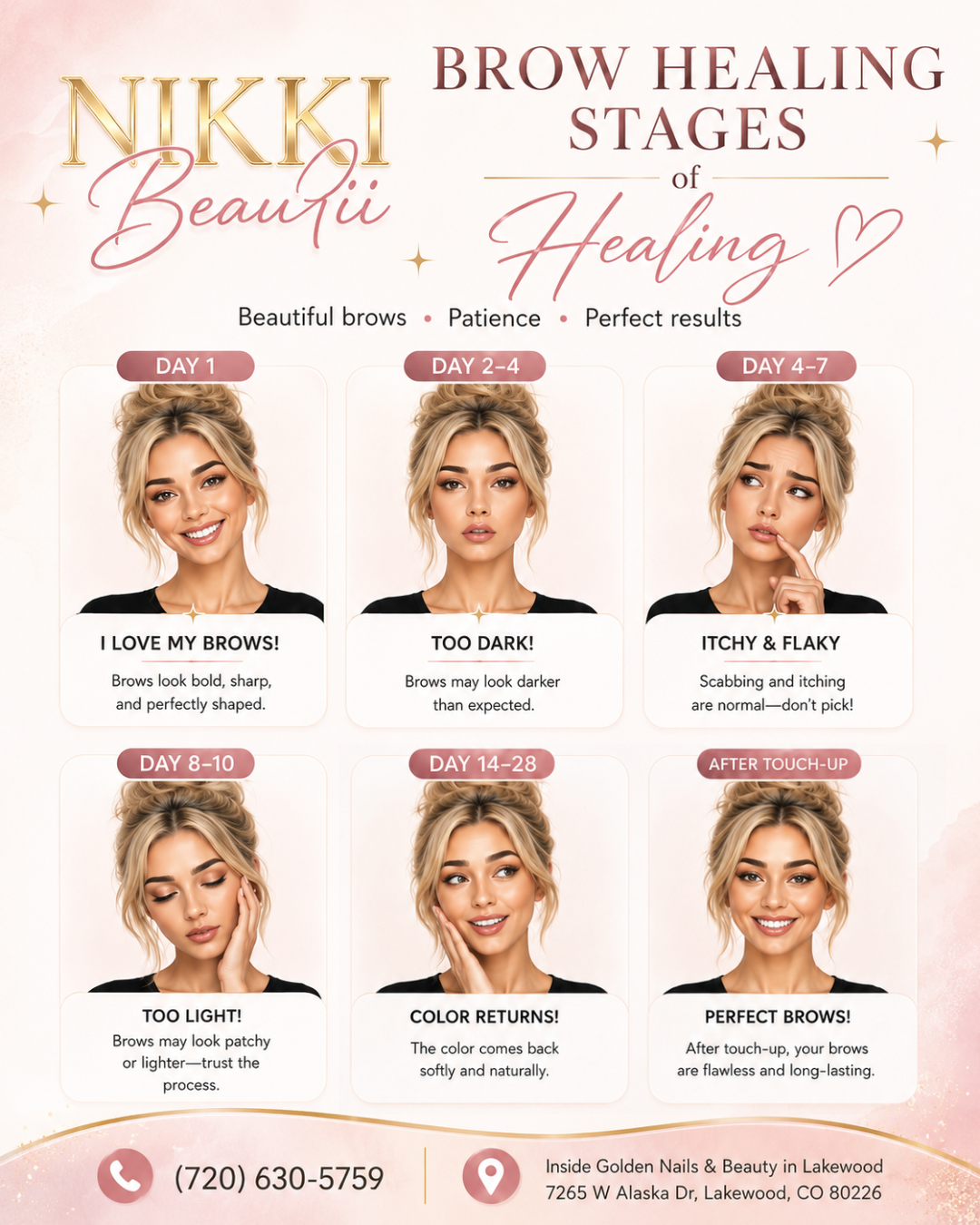 Brow healing stages from Day 1 through after touch-up
